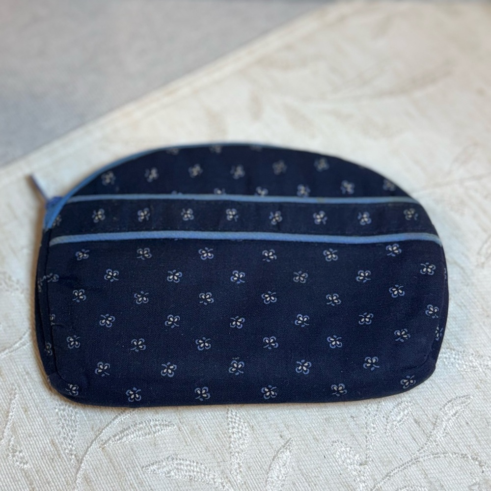 Vtg Lillian‎ Vernon Quilted Floral Cosmetic Bag Navy Blue Makeup Pouch 7”x5”